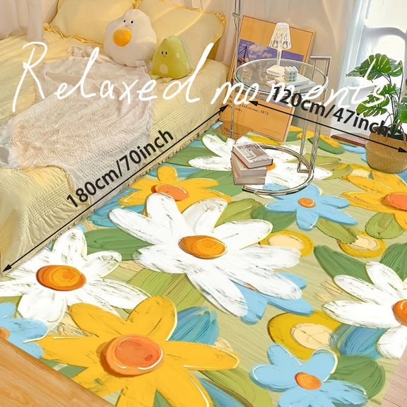 Whimsical floral-patterned rug placed beside a cozy bed, featuring oversized hand-painted-style flower designs with visible size dimensions.