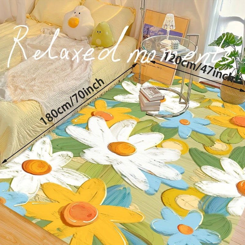 Whimsical floral-patterned rug placed beside a cozy bed, featuring oversized hand-painted-style flower designs with visible size dimensions.