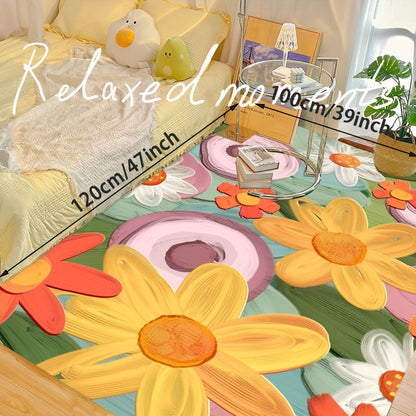 Whimsical floral-patterned rug placed beside a cozy bed, featuring oversized hand-painted-style flower designs with visible size dimensions.
