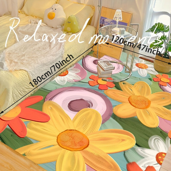 Whimsical floral-patterned rug placed beside a cozy bed, featuring oversized hand-painted-style flower designs with visible size dimensions.