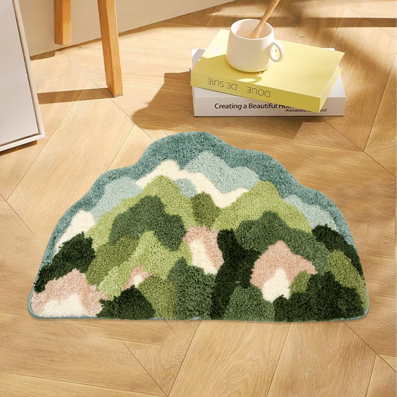 Bathroom rug with a colorful abstract mountain pattern, shaped like a gentle hill for a cozy and creative home décor accent.