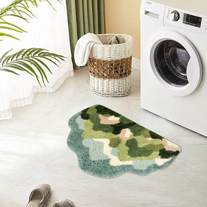 Bathroom rug with a colorful abstract mountain pattern, shaped like a gentle hill for a cozy and creative home décor accent.