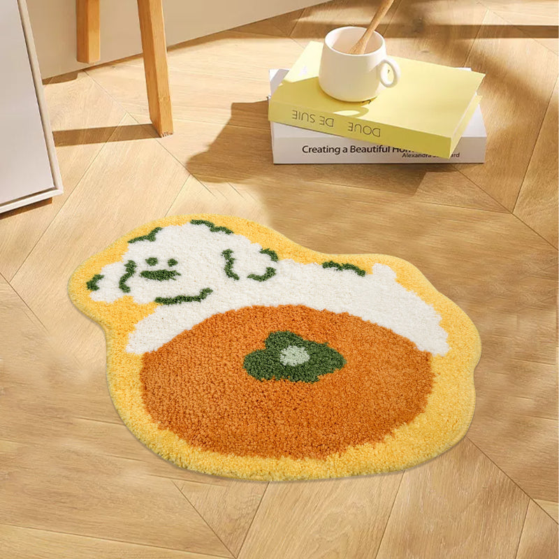 Bathroom rug with an orange puppy design, shaped playfully and perfect for adding a cute touch to bathroom decor.