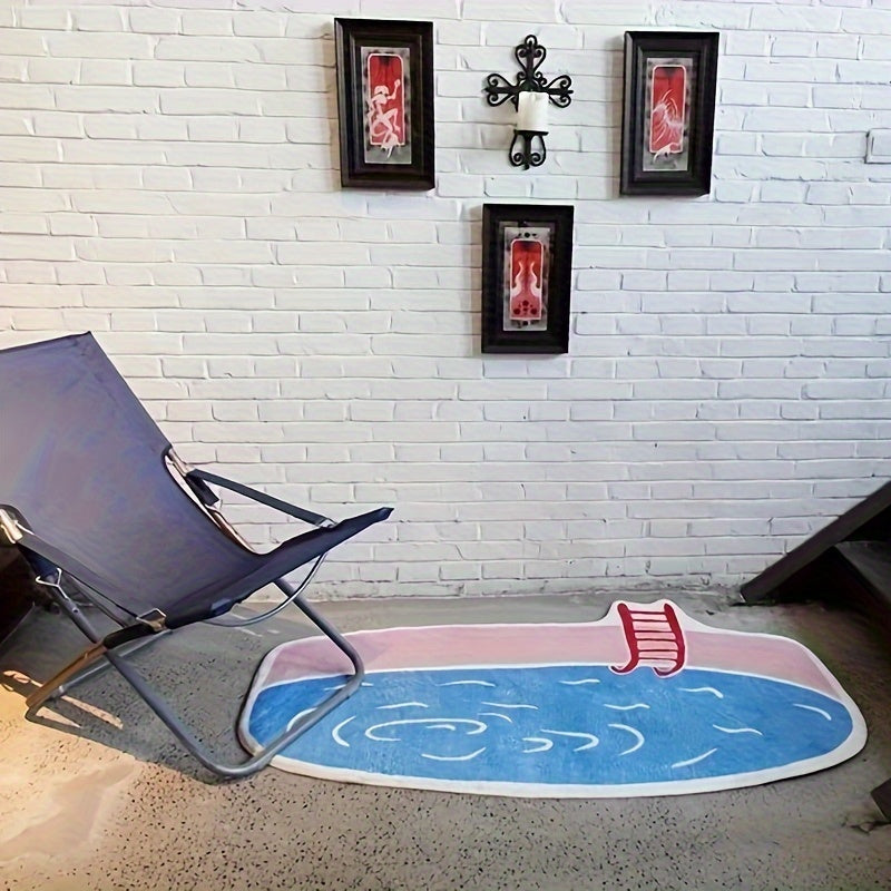 Cartoon-style rug shaped like a swimming pool with ladder detail, designed for playful and modern interiors.