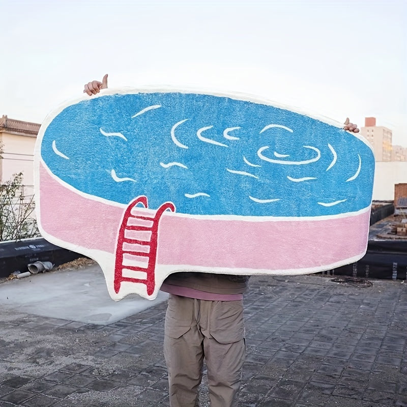 Cartoon-style rug shaped like a swimming pool with ladder detail, designed for playful and modern interiors.