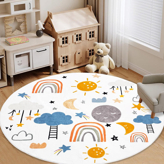 A round kids rug featuring colorful rainbows, smiling suns and moons, clouds, stars, and ladders on a white background. The playful design is ideal for a nursery or playroom.