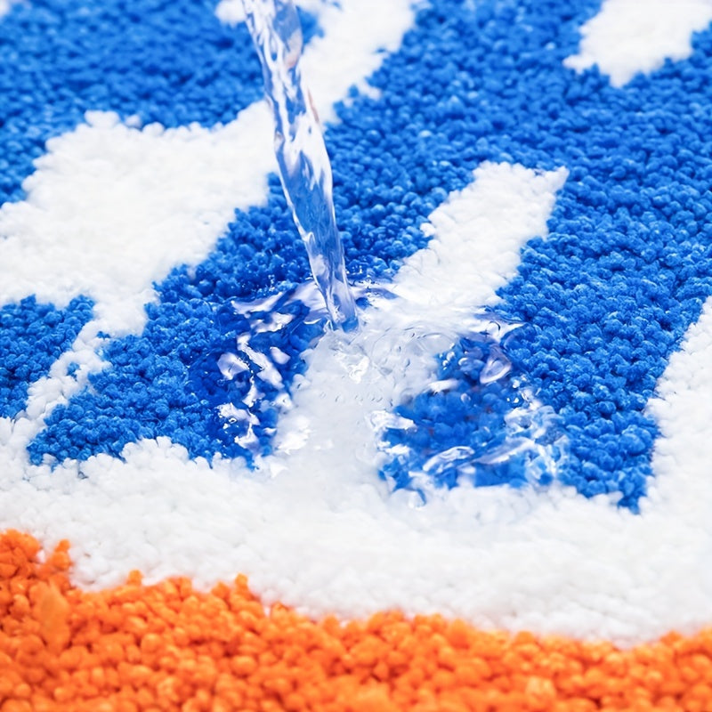 Long rectangular rug with playful ghost and bold text design, placed beside a bed with visible measurements 