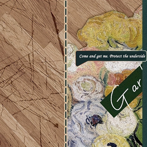 Artistic garden-style rug with painterly floral design and the phrase “Having a Garden Is Therapeutic” woven across the bottom.