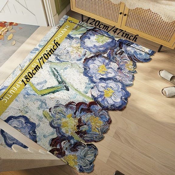 Artistic garden-style rug with painterly floral design and the phrase “Having a Garden Is Therapeutic” woven across the bottom.