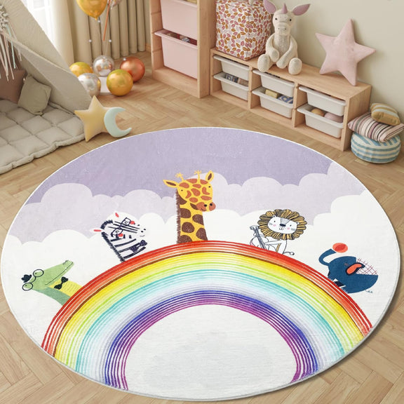 Round kids rug with colorful rainbow and cartoon animals including giraffe, lion, zebra, crocodile, and elephant on a pastel cloud background.