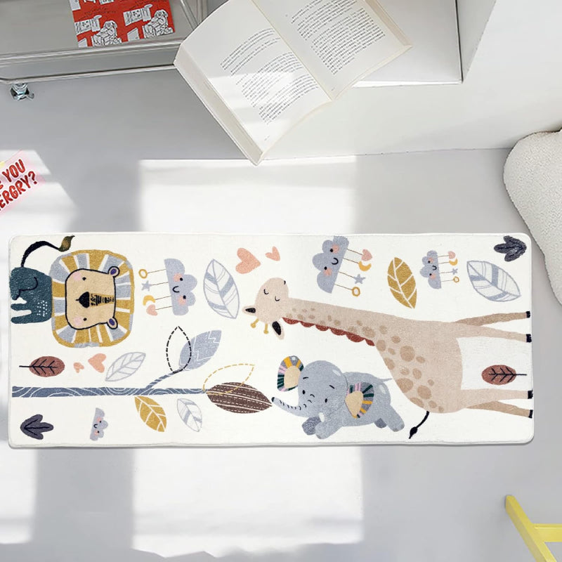 Colorful children's rug featuring cute cartoon animals including a giraffe, elephant, lion, and smiling clouds, surrounded by whimsical leaves and hearts on a white background.