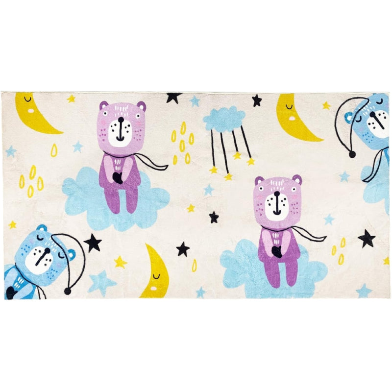 Kids runner rug with cartoon bears on clouds, yellow moons, and stars, designed in soft pastel tones for a playful bedtime theme.