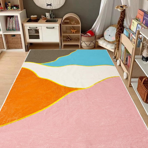 Colorful living room rug with a bright geometric pattern of intersecting triangles in blue, pink, orange, white, and brown, outlined with yellow lines and yellow circular nodes.
