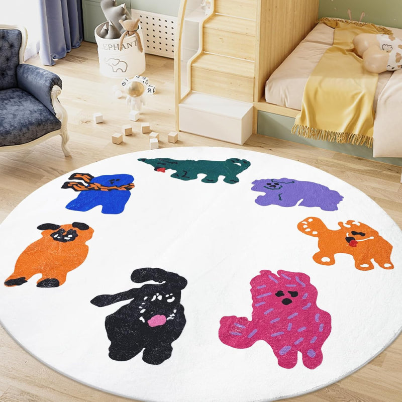 Round kids rug featuring colorful cartoon animals arranged in a circle on a white background, including playful characters in orange, black, green, purple, pink, and blue.