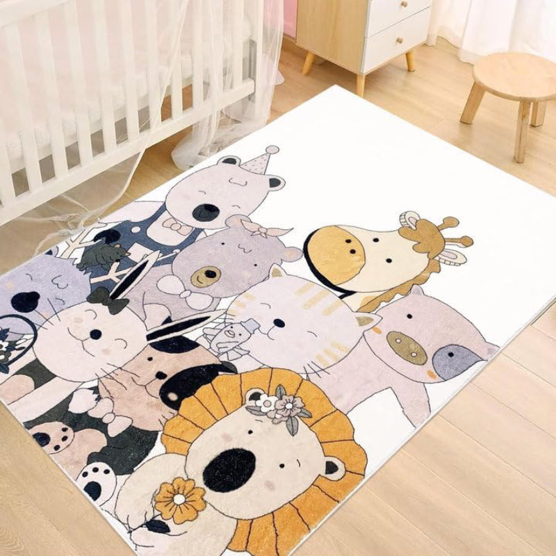 A colorful children's rug featuring a group of cute cartoon animals, including a bear, lion, giraffe, cat, pig, bunny, and others, all smiling and dressed in playful accessories like bows and hats.