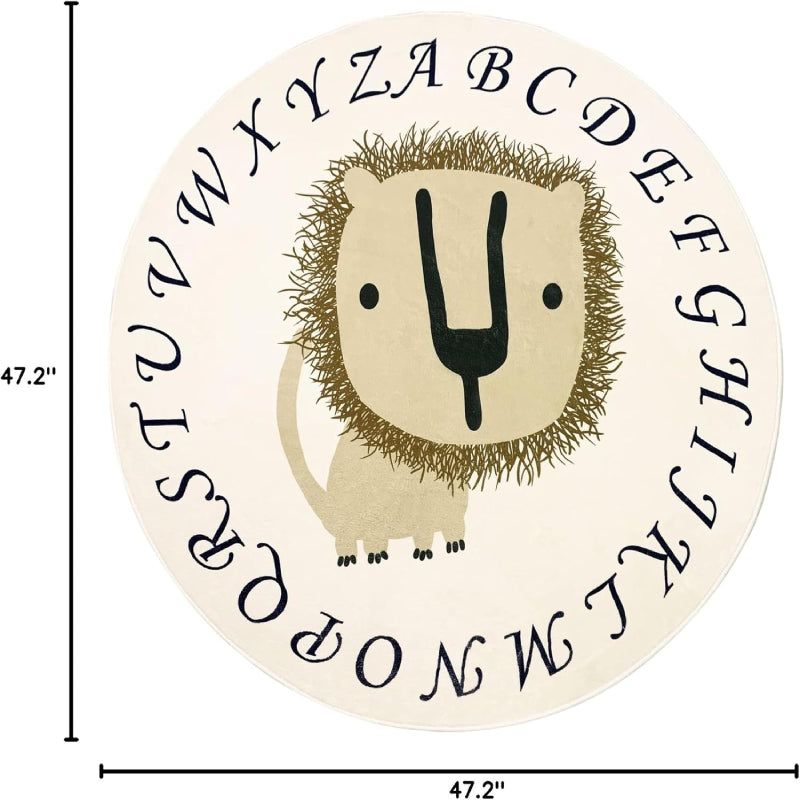 Children's rug featuring a cute cartoon lion with a detailed brown mane and neutral beige background.