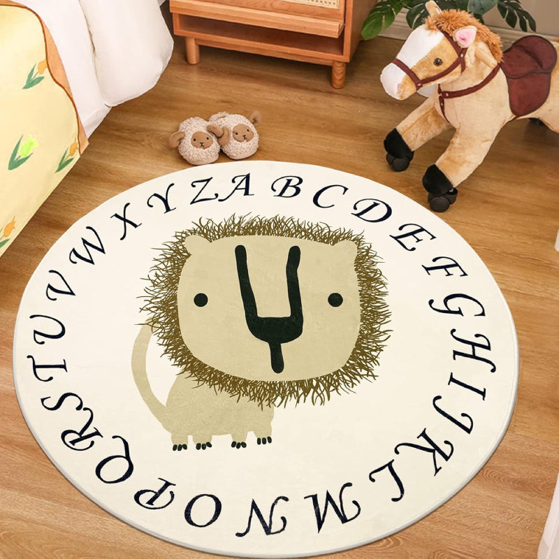 Children's rug featuring a cute cartoon lion with a detailed brown mane and neutral beige background.
