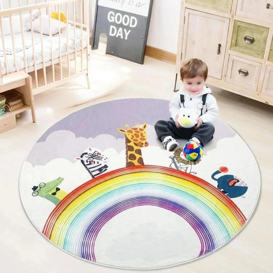 Round kids rug with colorful rainbow and cartoon animals including giraffe, lion, zebra, crocodile, and elephant on a pastel cloud background.