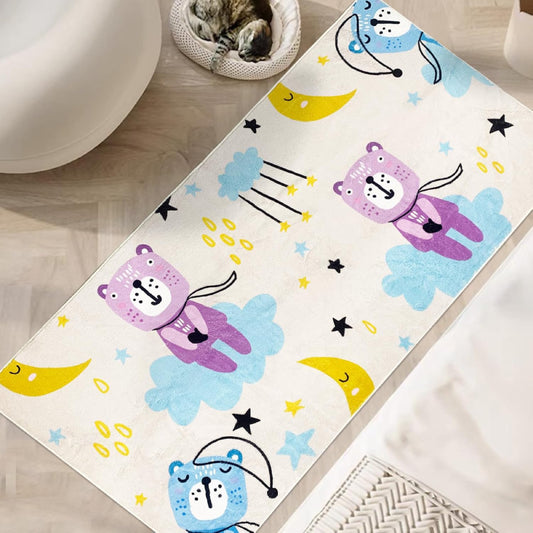 Kids runner rug with cartoon bears on clouds, yellow moons, and stars, designed in soft pastel tones for a playful bedtime theme.