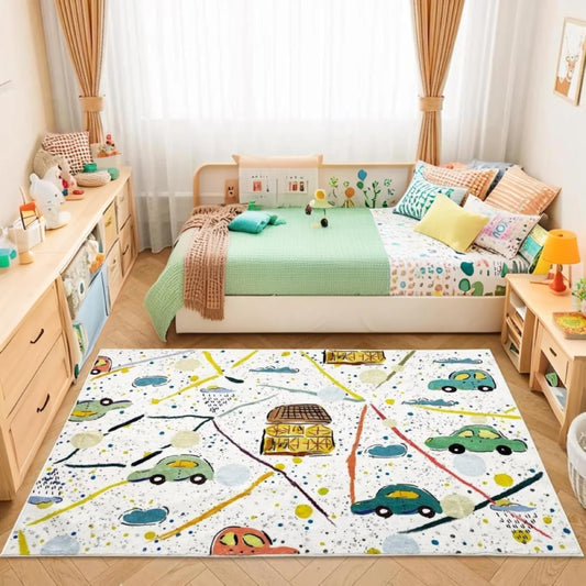 Colorful kids rug with a playful car theme, featuring hand-drawn cars, houses, roads, clouds, and splatter-style background on a white base.