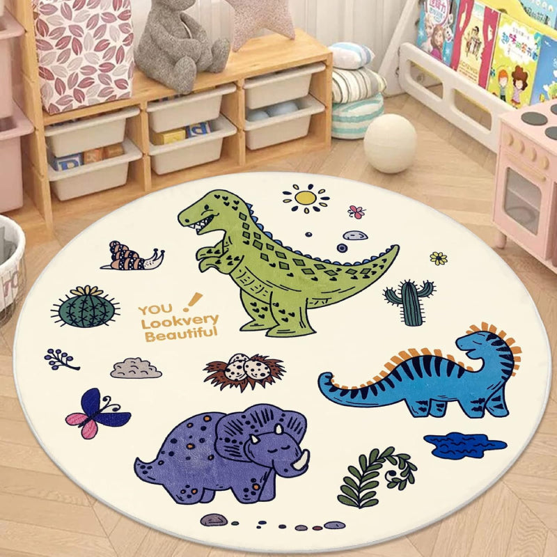 Round children's rug measuring 47.2 inches in diameter, featuring colorful cartoon dinosaurs, plants, butterflies, and eggs on a white background, with the text "YOU! Lookvery Beautiful" printed near the center.