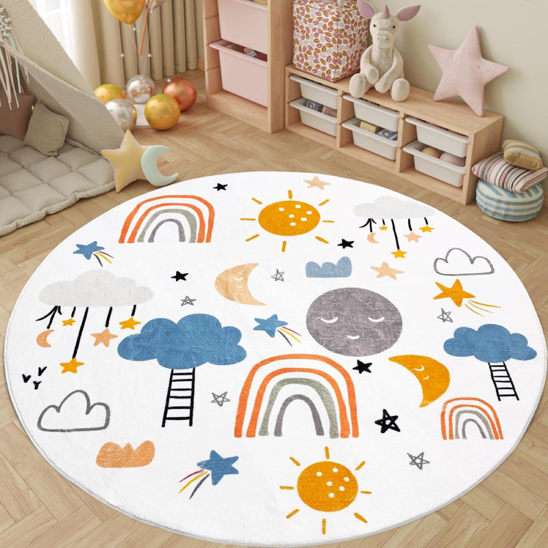 A round kids rug featuring colorful rainbows, smiling suns and moons, clouds, stars, and ladders on a white background. The playful design is ideal for a nursery or playroom.