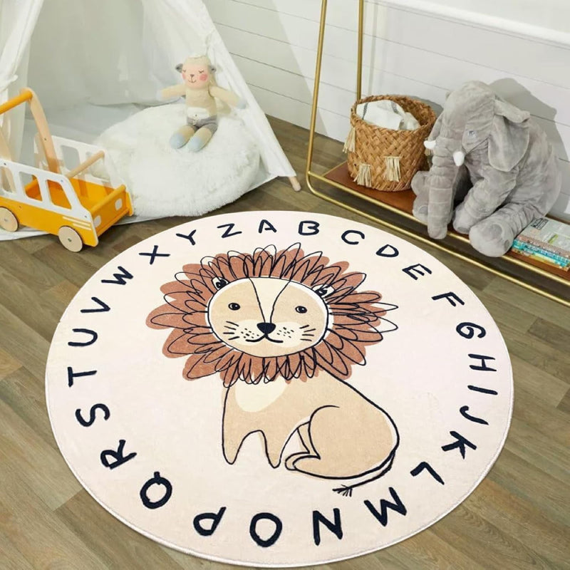 Children's rug featuring a cute cartoon lion with a detailed brown mane and neutral beige background.
