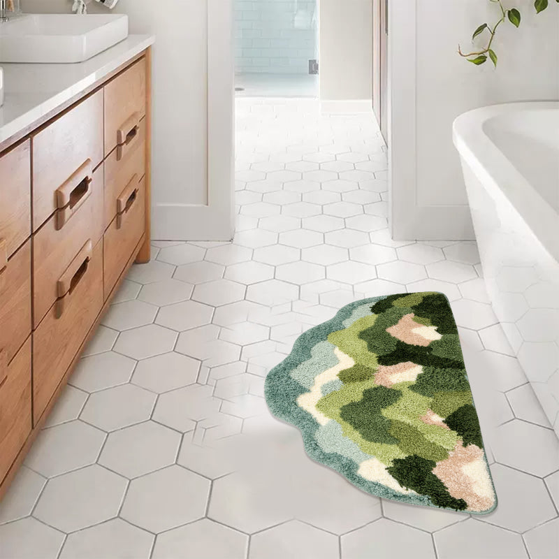 Bathroom rug with a colorful abstract mountain pattern, shaped like a gentle hill for a cozy and creative home décor accent.