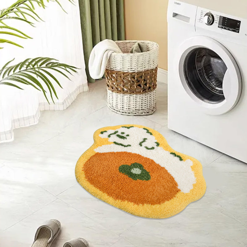 Bathroom rug with an orange puppy design, shaped playfully and perfect for adding a cute touch to bathroom decor.