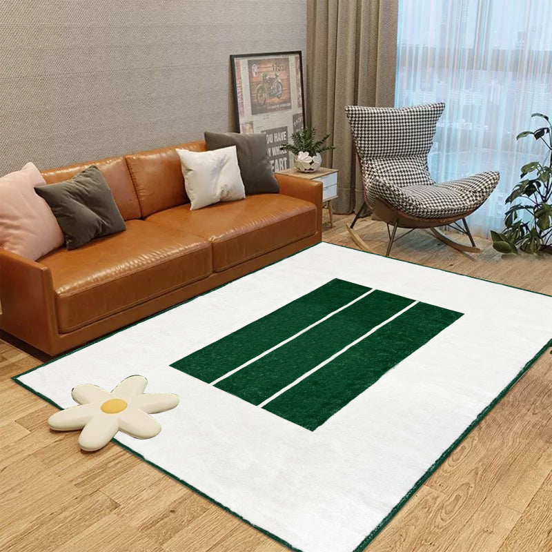 Minimalist white summer rug with three bold green horizontal stripes in the center.
