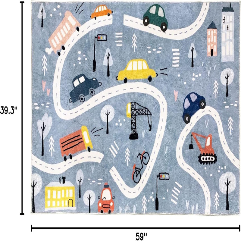 Rectangular kids rug measuring 59 inches by 39.3 inches, featuring a winding town road design with colorful cars, buses, traffic lights, trees, buildings, and construction vehicles on a blue background.