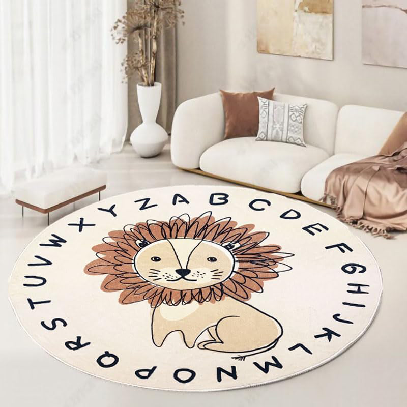 Children's rug featuring a cute cartoon lion with a detailed brown mane and neutral beige background.