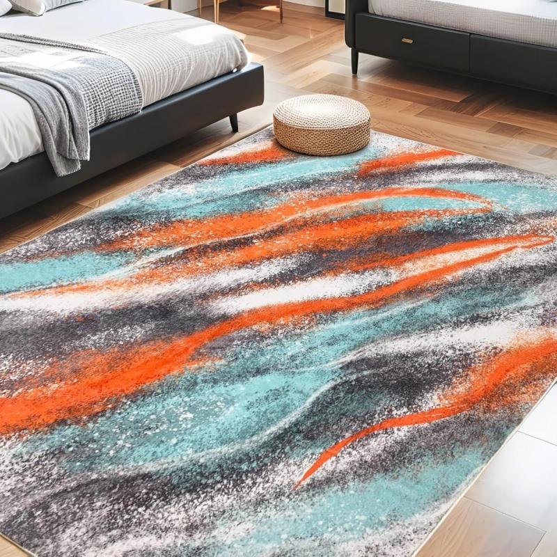 living room orange blue rug